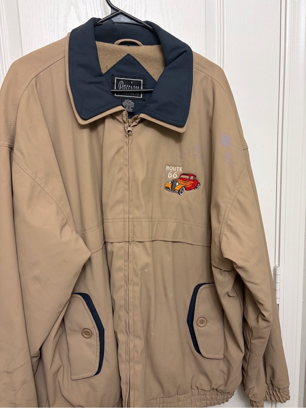 Lightweight Tan Route 66 Embroidered Jacket with Navy Trim